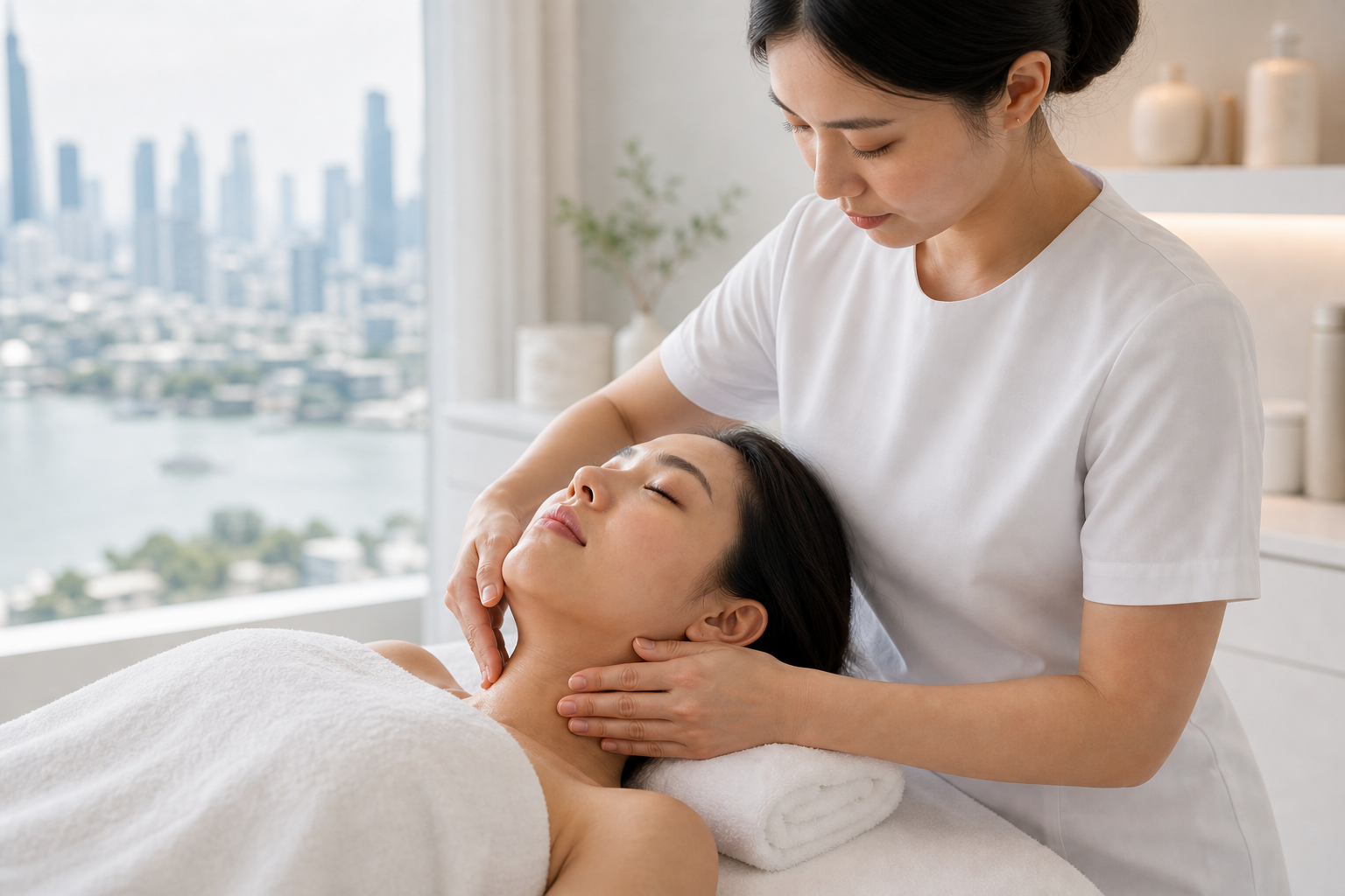 MIMIQ therapist preparing the shoulder and lateral neck before beginning gentle jaw work