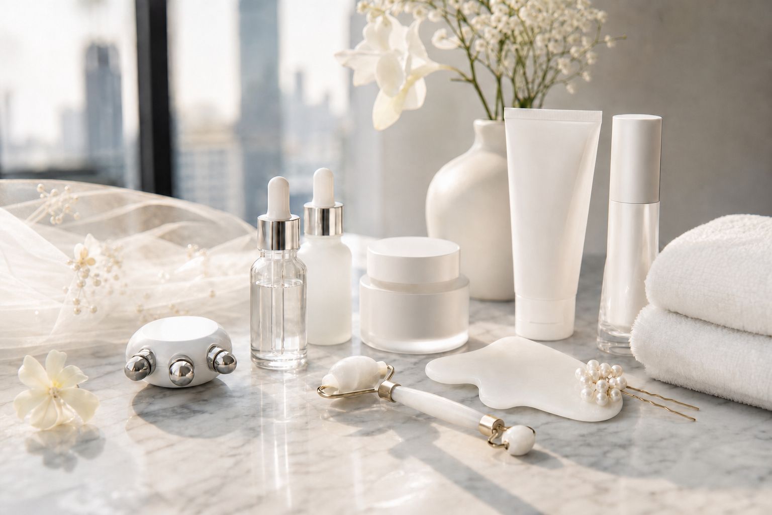 Clean facial tools and folded towels prepared for a pre-wedding appointment at MIMIQ Bangkok