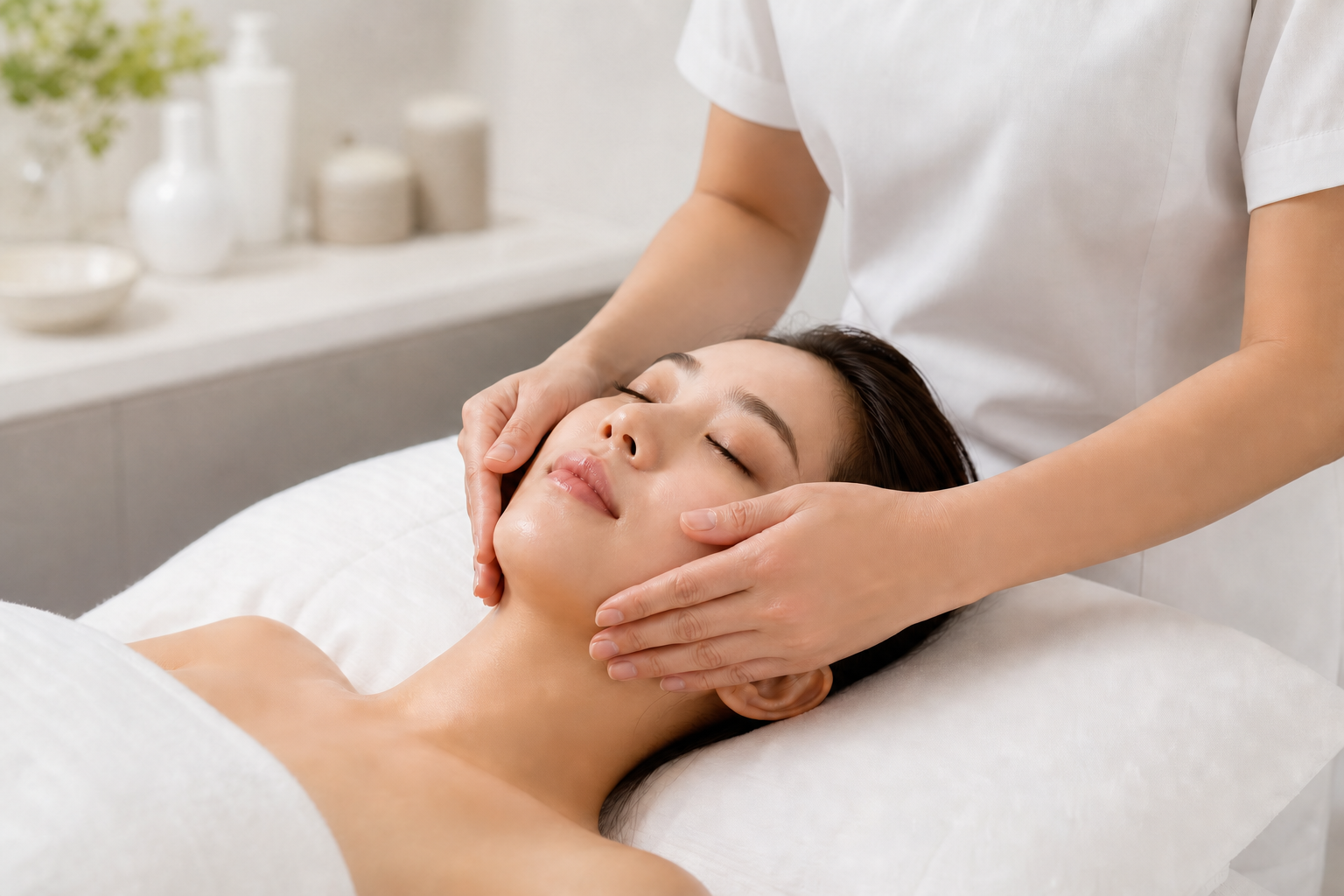 MIMIQ therapist performing a gentle pre-wedding facial workout during a scheduled bridal trial