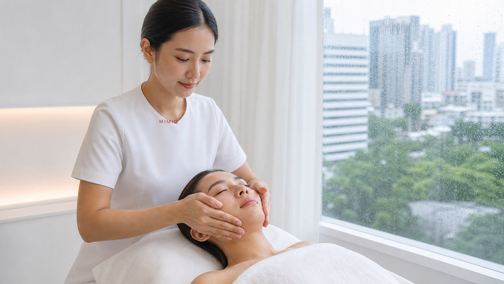 Client receiving calm rainy season face care at MIMIQ Facial Bar in Bangkok