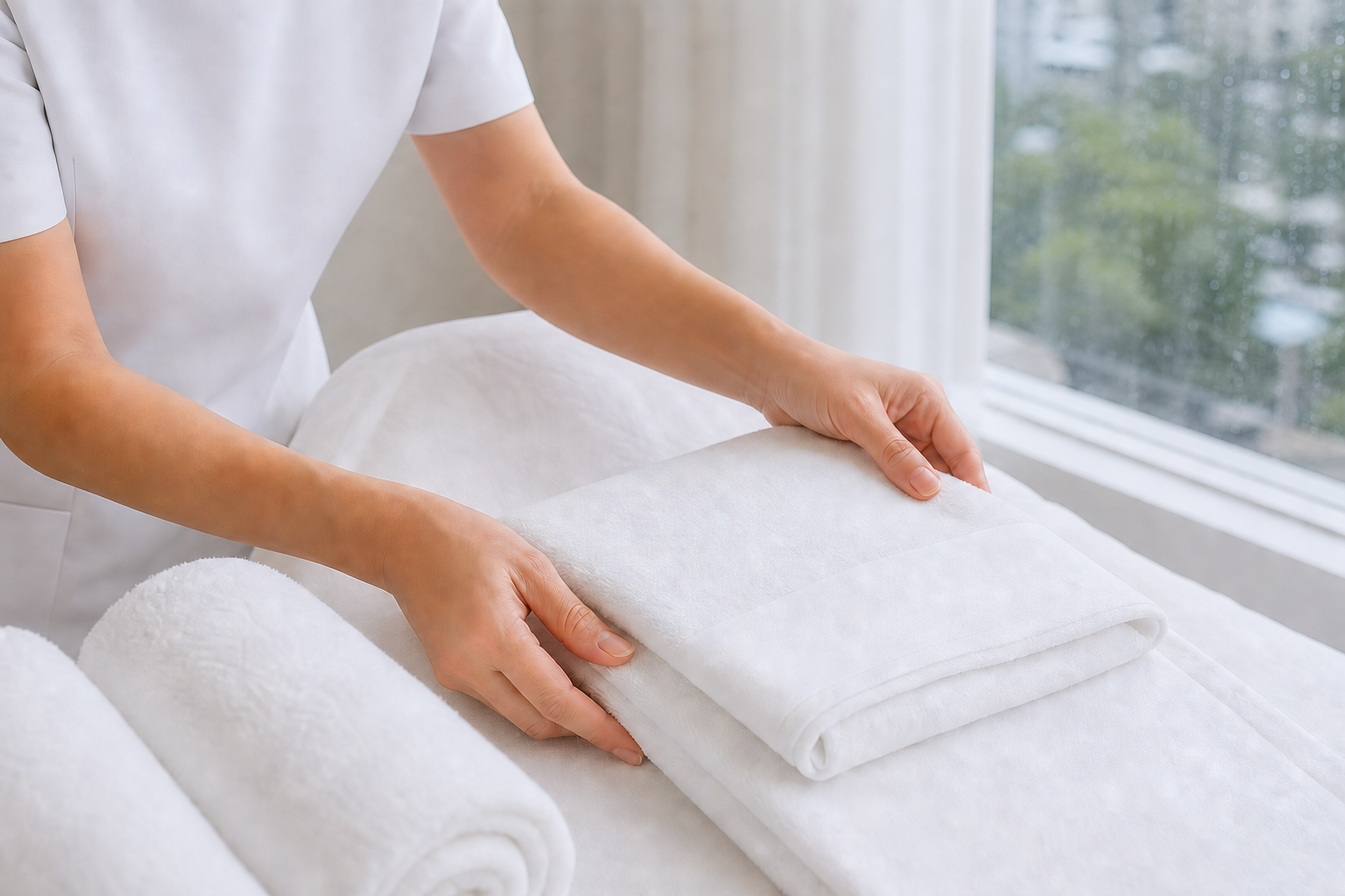 Clean towels and cooling facial tools prepared for a rainy-day treatment at MIMIQ Bangkok