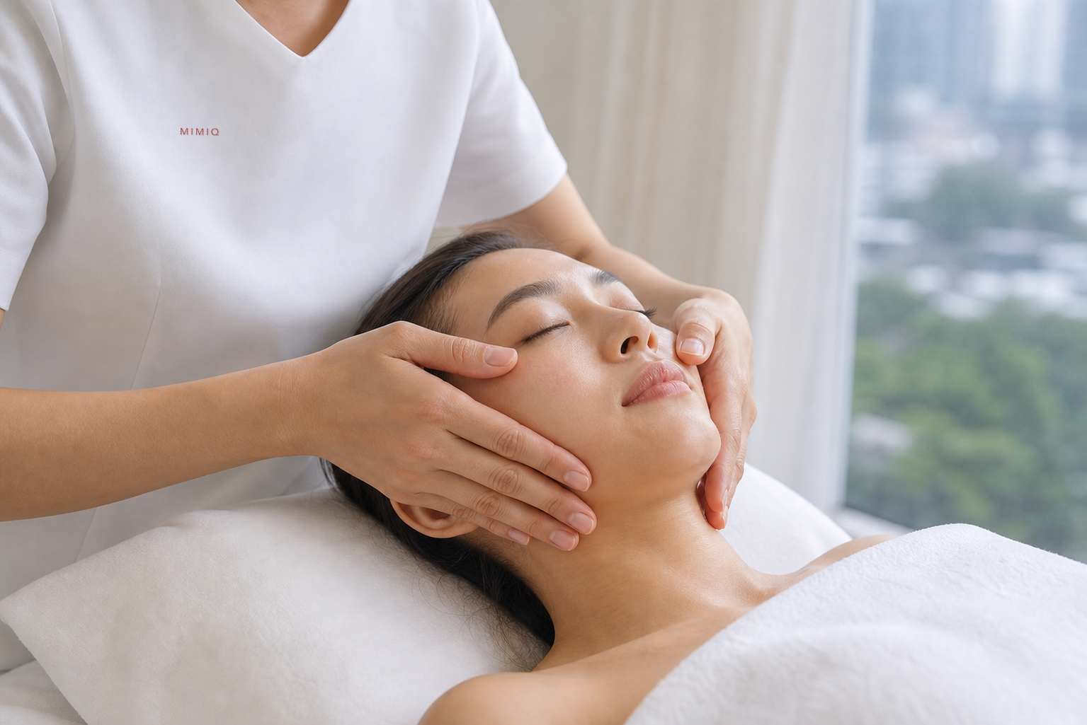 MIMIQ therapist assessing a client’s skin before a rainy-season facial treatment in Bangkok
