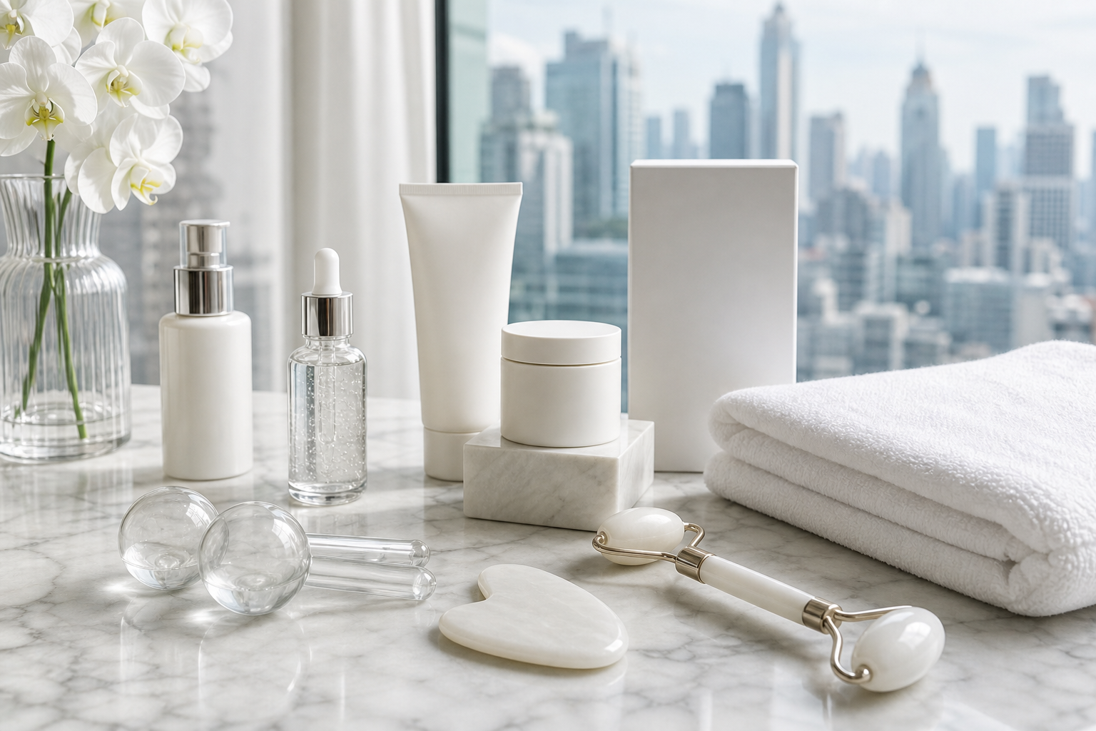 Clean MIMIQ towels and facial tools arranged for a restrained brow and temple wellness session