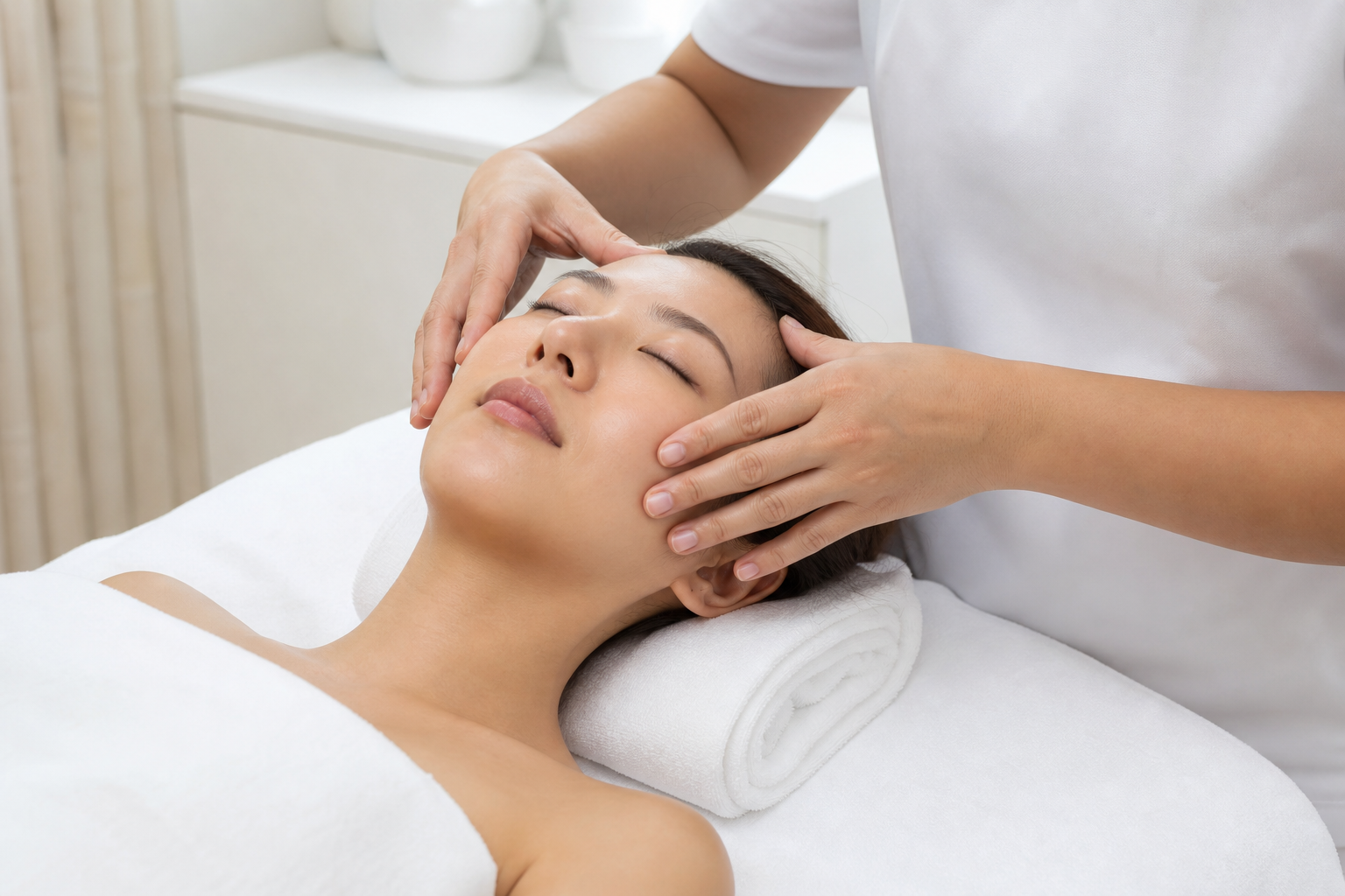 MIMIQ therapist applying gentle external touch above the brow during a screen-fatigue upper-face session