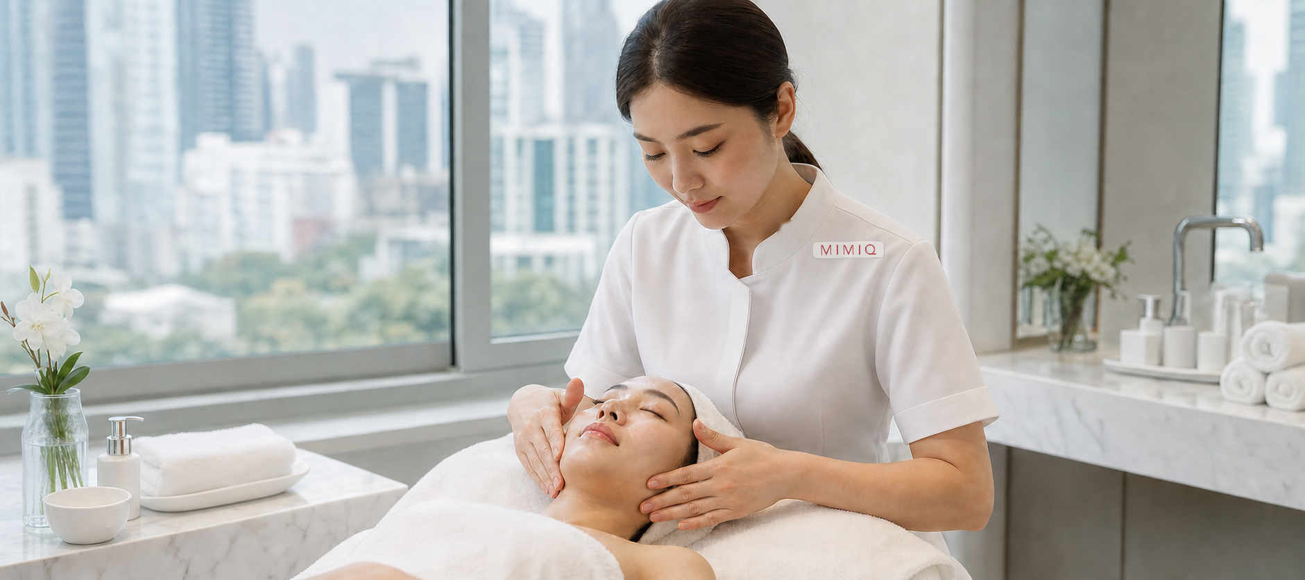 MIMIQ skin-readiness consultation before a gentle face workout in Bangkok