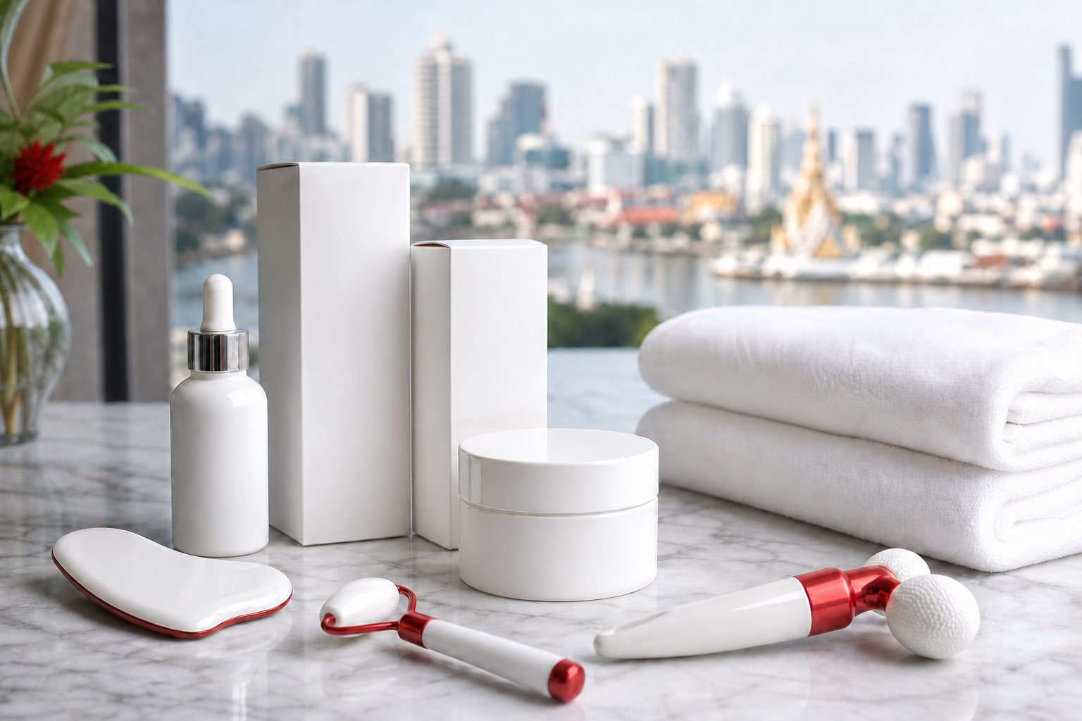 Simple facial massage products, clean tools and soft towels prepared for an adapted MIMIQ session