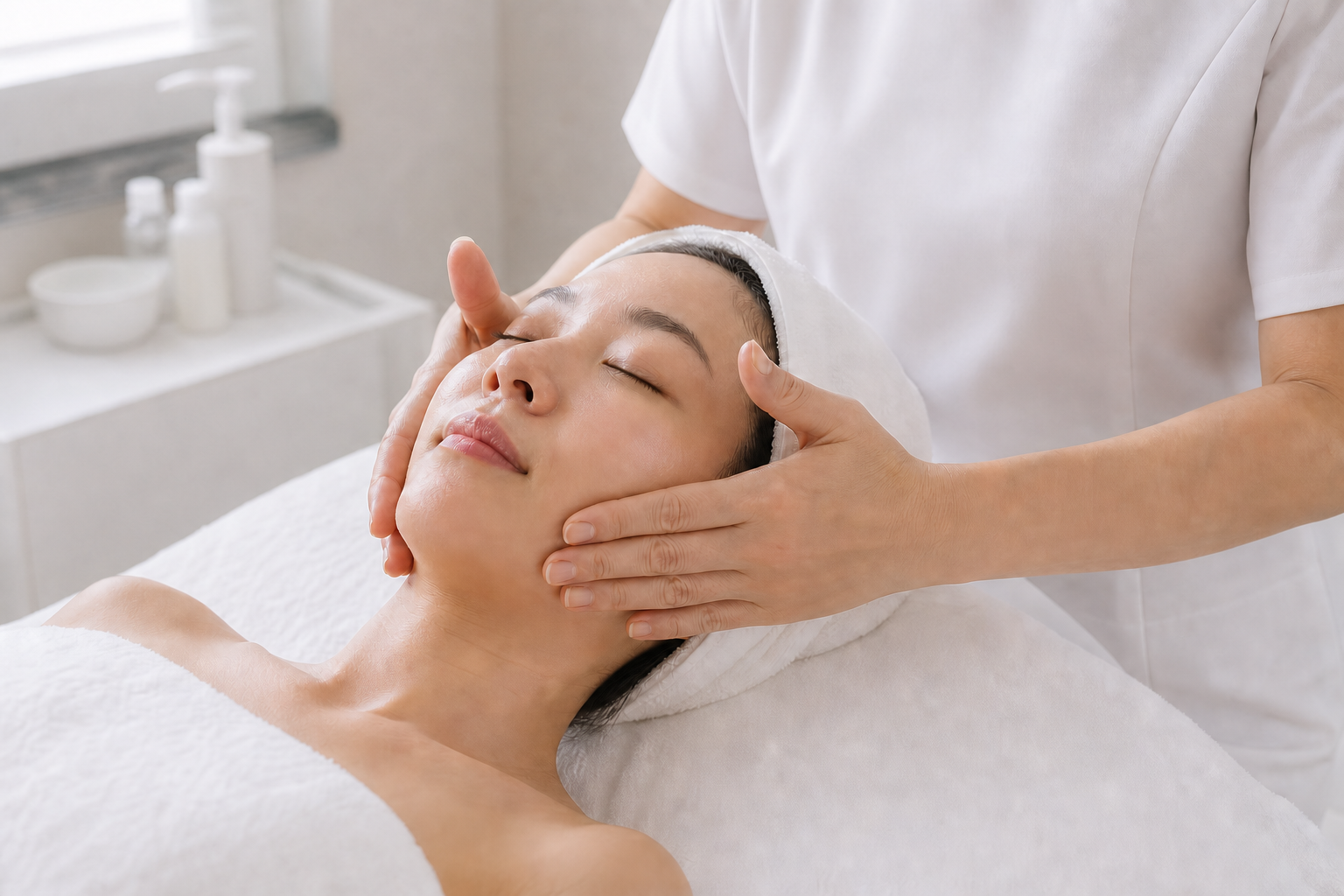 MIMIQ therapist checking skin comfort before a barrier-conscious face workout in Bangkok