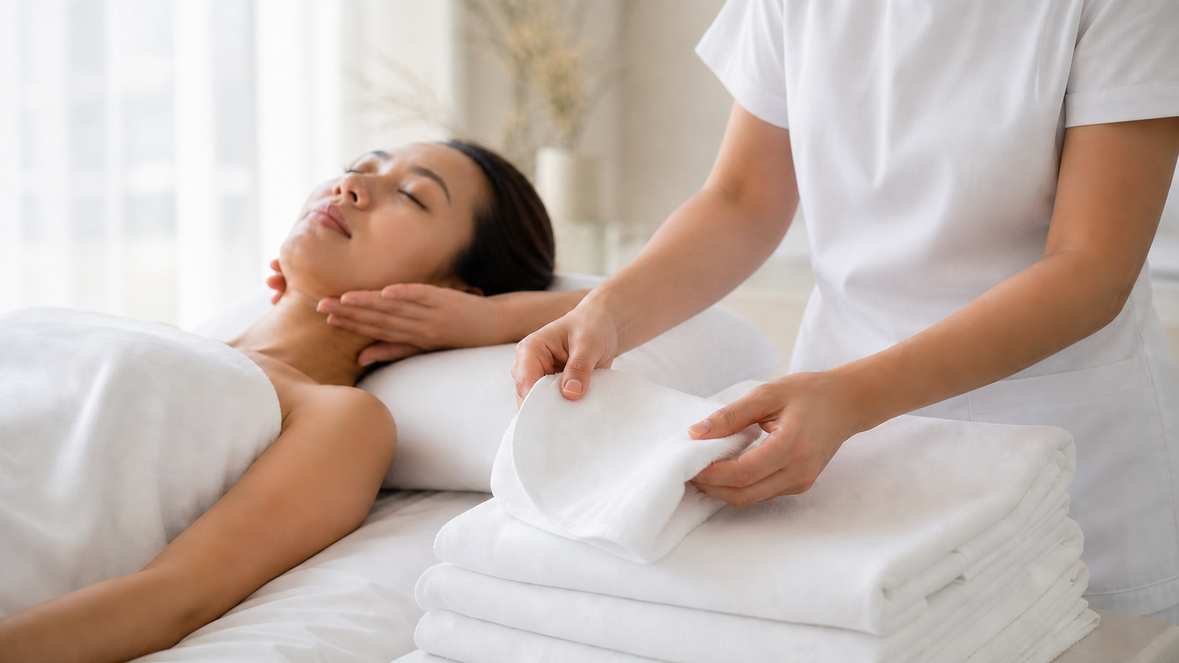 Clean towels and facial massage tools prepared for a barrier-conscious MIMIQ session in Bangkok