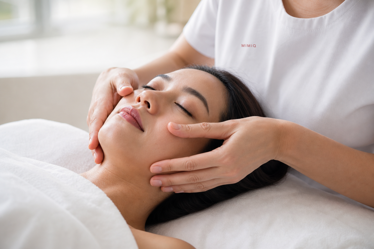 MIMIQ therapist using gentle gliding contact during a facial massage for temporary morning creases