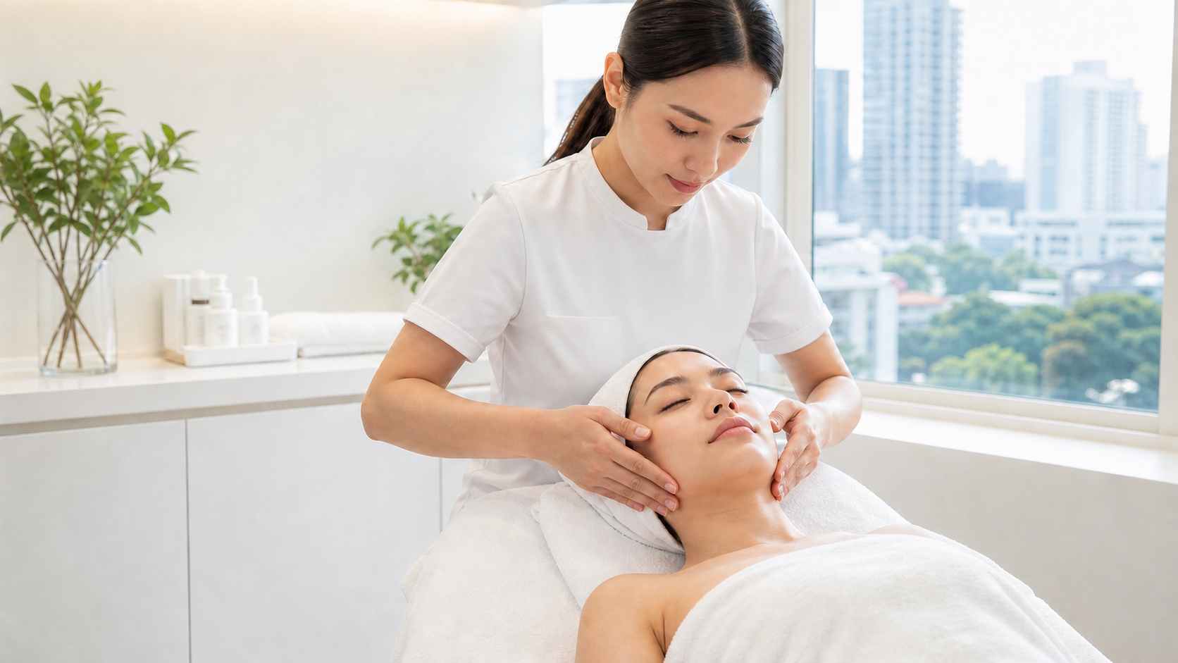 Woman following a gentle morning-after face recovery routine in natural Bangkok daylight