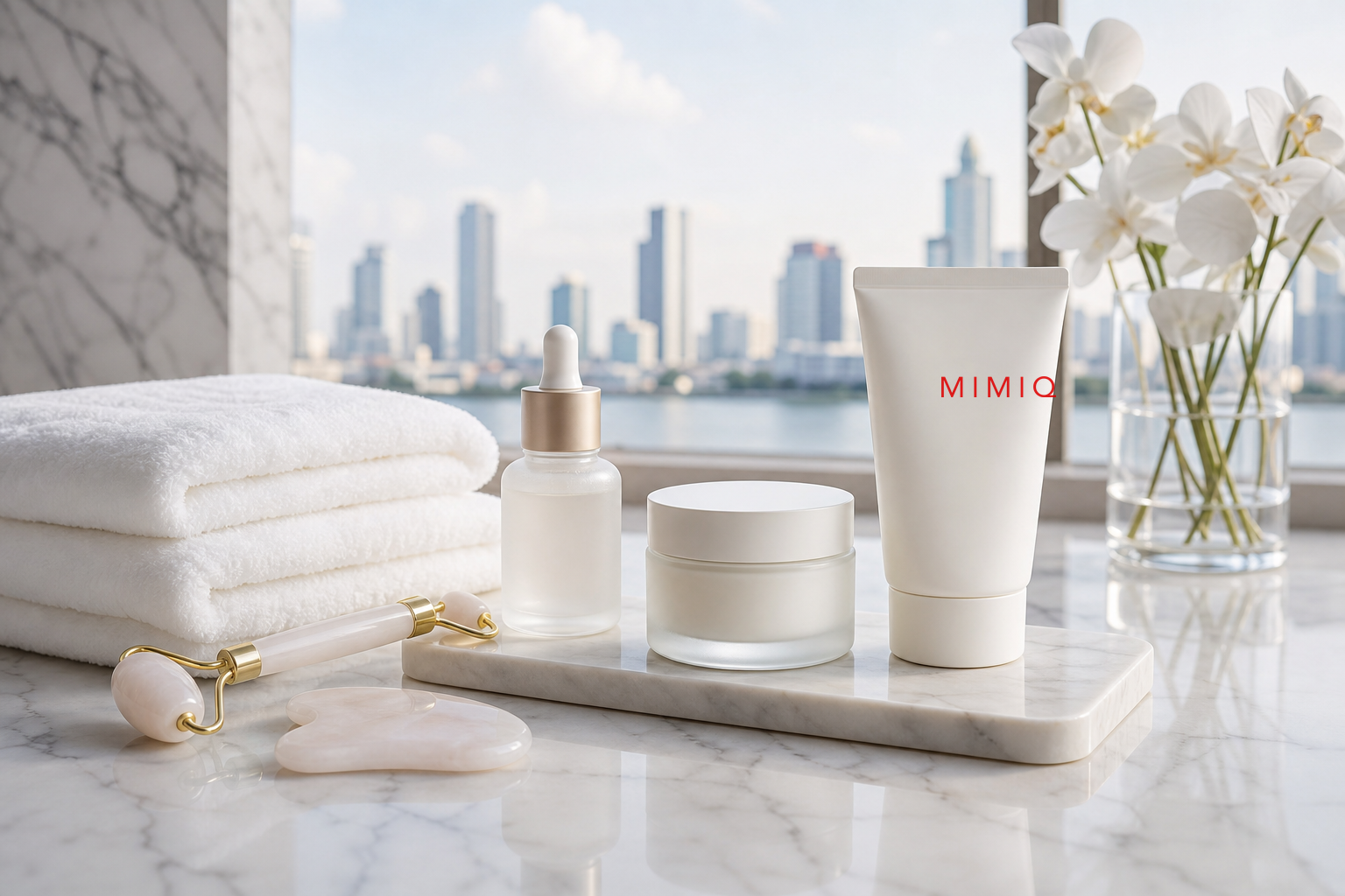 Clean cool cloth, moisturiser and soft towels arranged for a tired-face morning routine