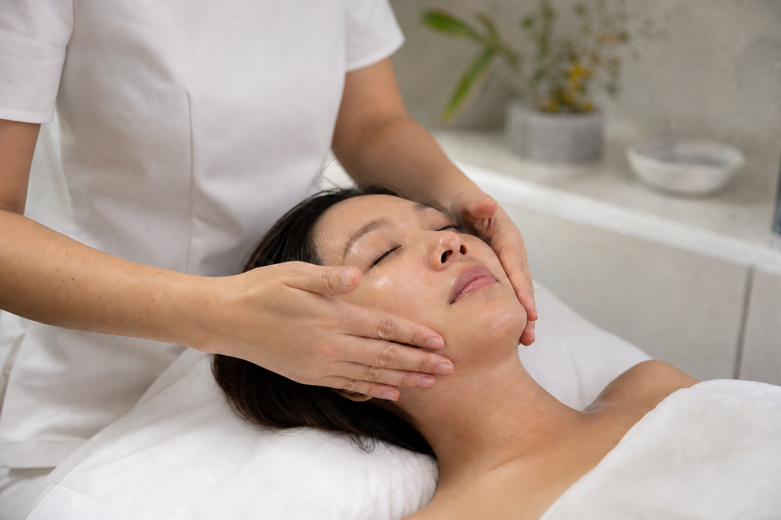 MIMIQ therapist demonstrating gentle morning-after facial care after one short night