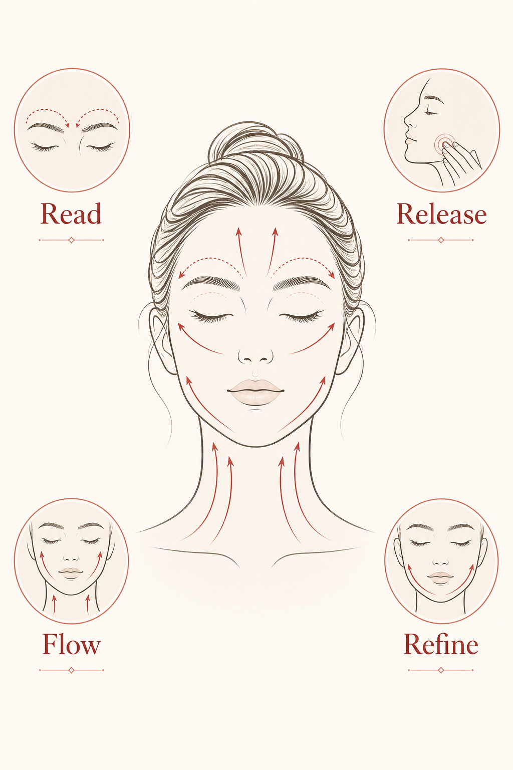 MIMIQ infographic explaining the method for stress release face workout Bangkok
