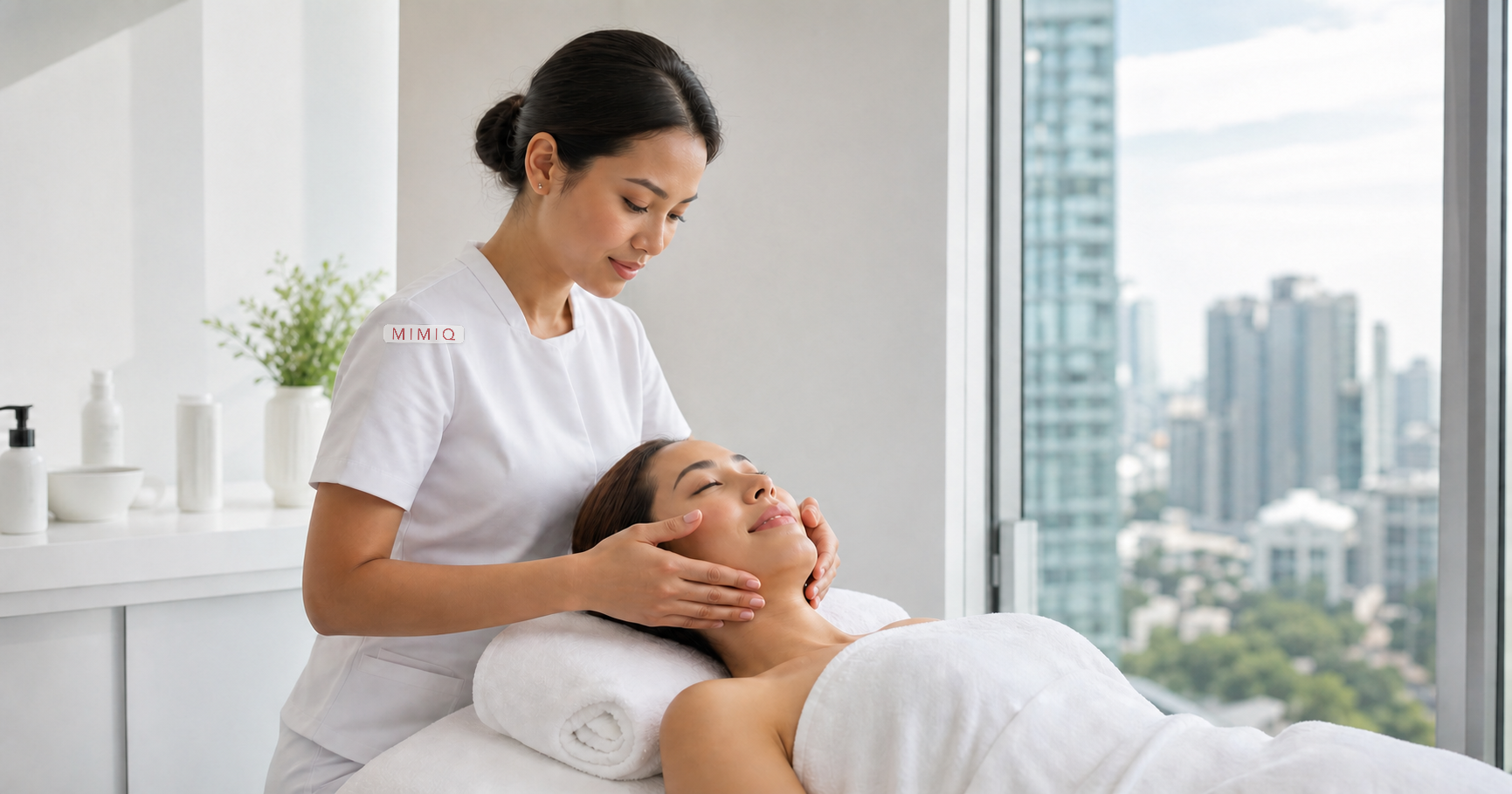 Client planning a Sukhumvit lunch-break face workout at MIMIQ Facial Bar in Bangkok