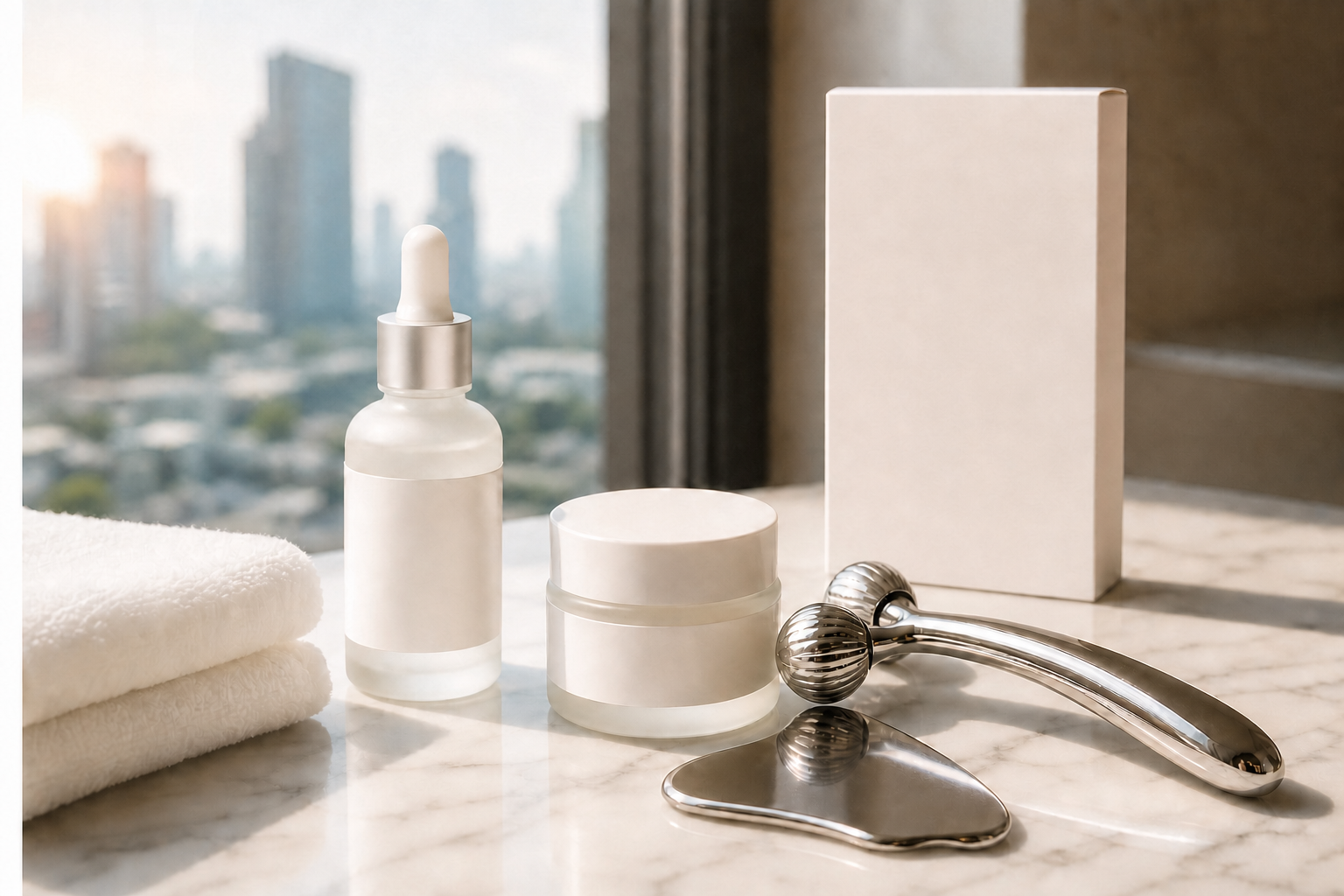Clean MIMIQ facial massage tools and towels prepared for a lunchtime appointment