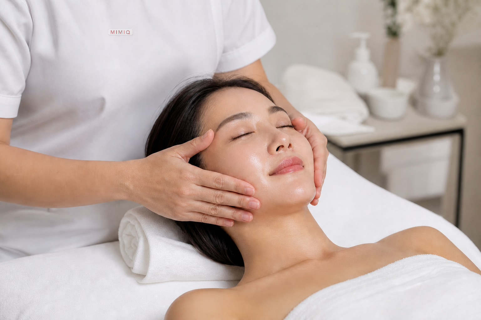 MIMIQ therapist consulting with a client before a Sukhumvit lunch-break face workout