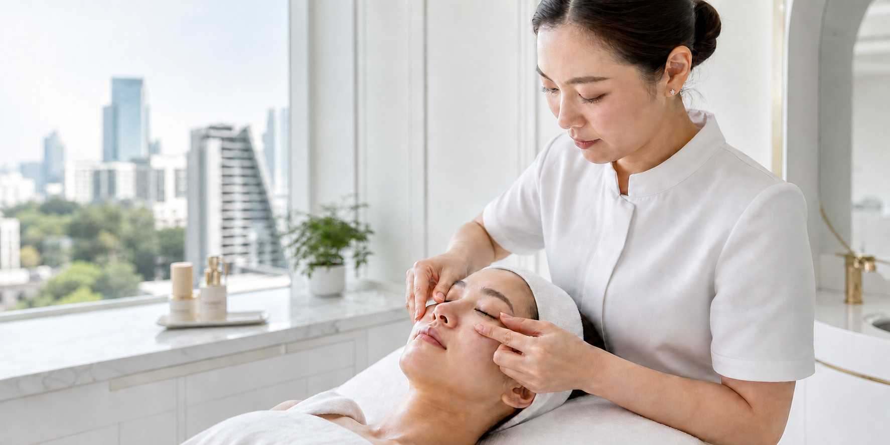 Gentle professional assessment of under-eye puffiness at MIMIQ Facial Bar in Bangkok