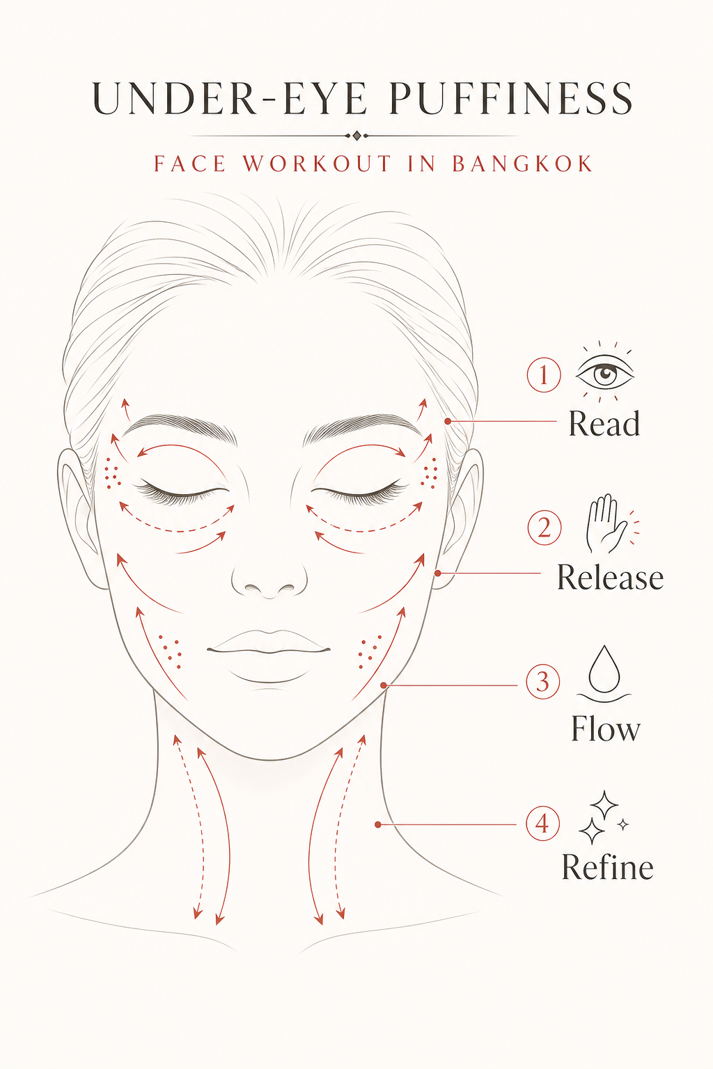 Infographic showing observation, cooling, light touch and referral steps for under-eye puffiness