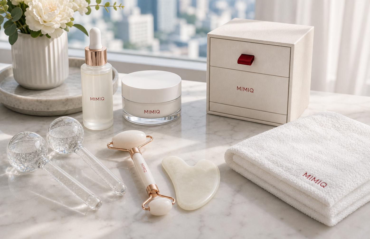 Clean cooling tools and soft towels prepared for gentle under-eye care at MIMIQ Bangkok