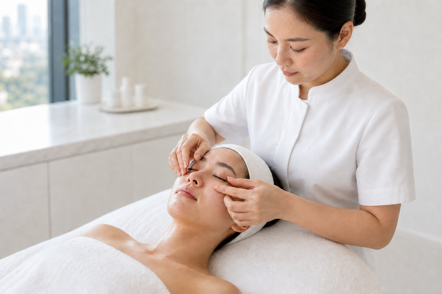 MIMIQ therapist visually assessing the delicate under-eye area before gentle treatment