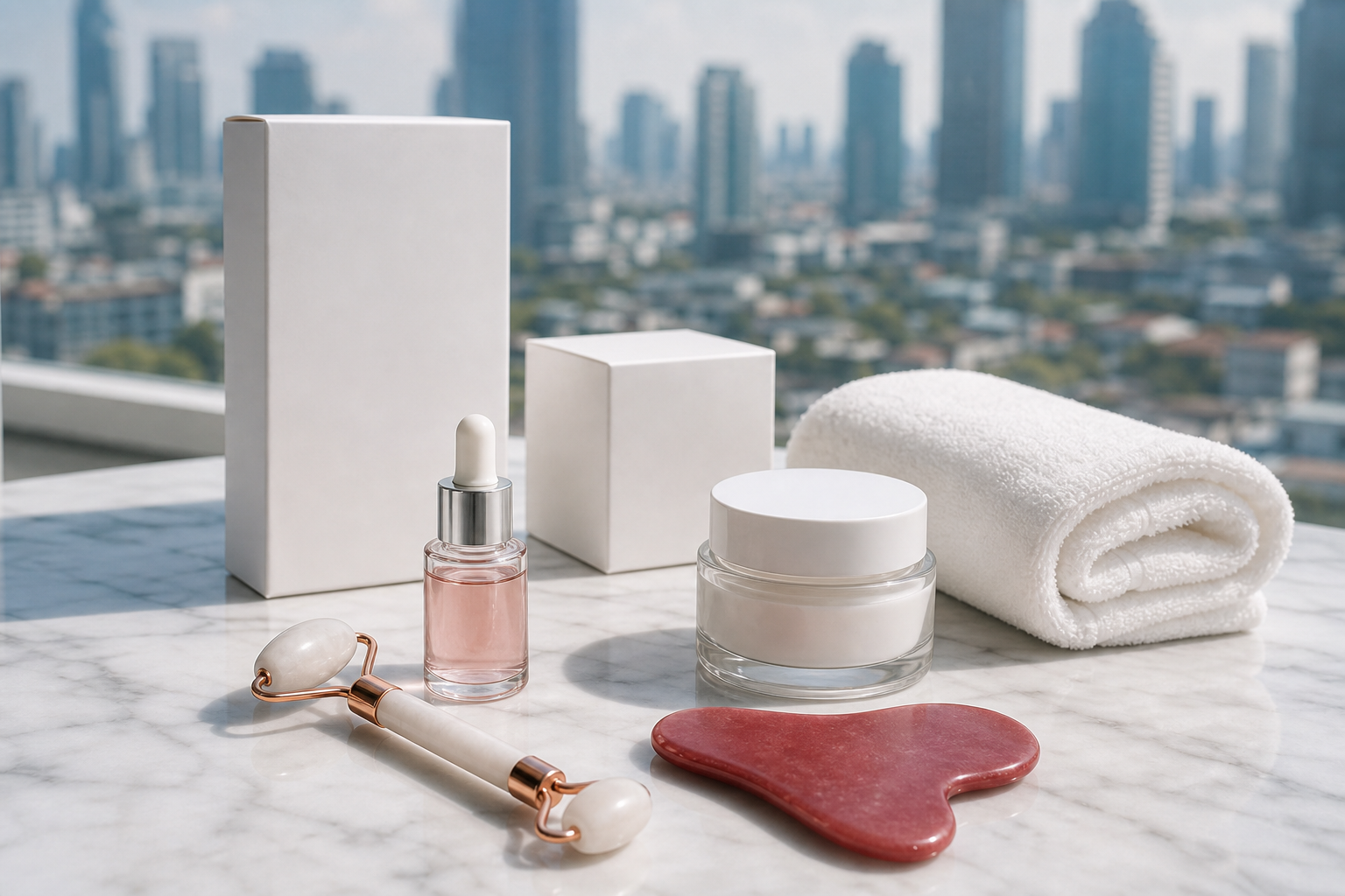 Clean facial massage tools and folded towels prepared for a gentle MIMIQ wellness session