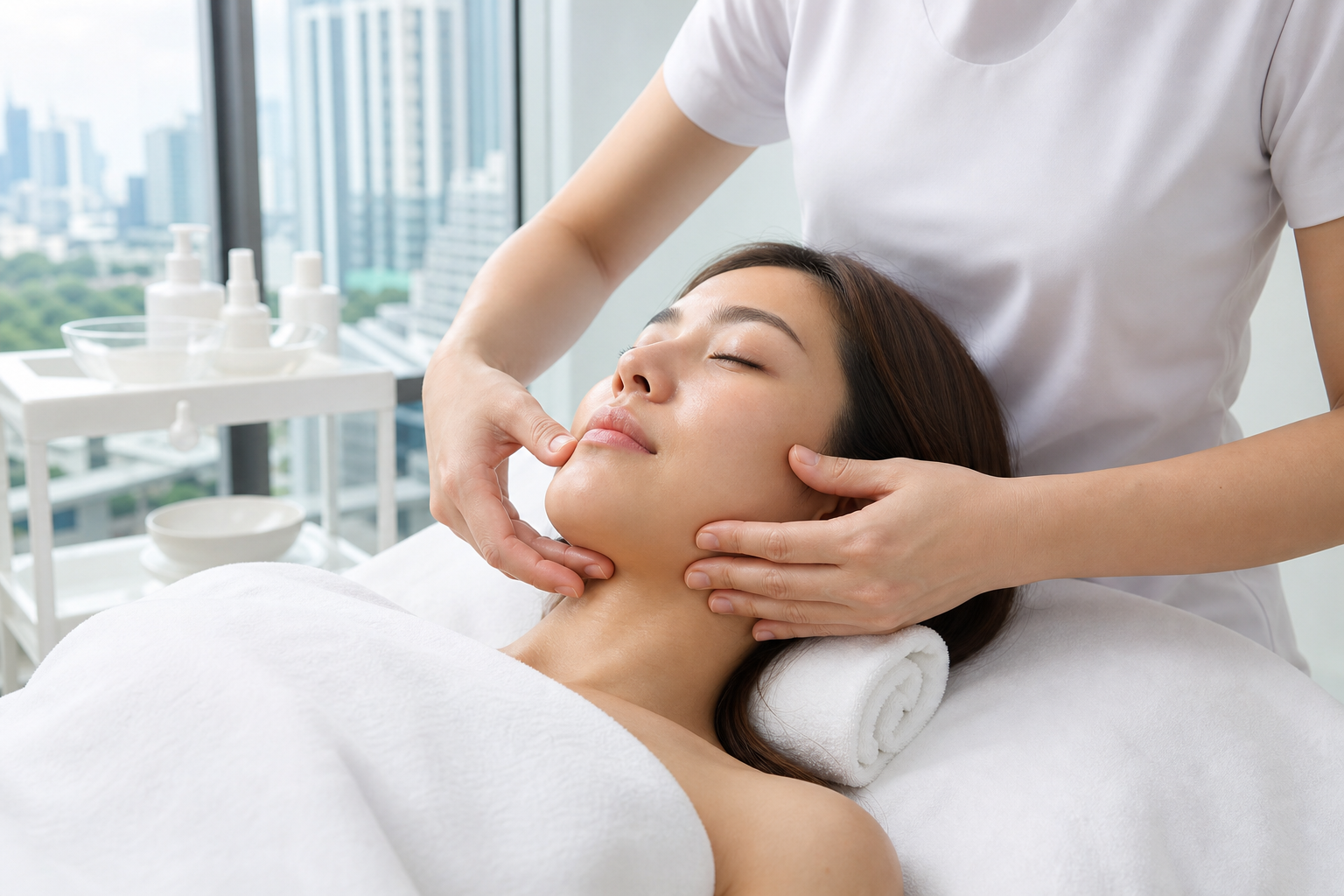 MIMIQ therapist assessing lower-face comfort and visible facial definition before a non-invasive session