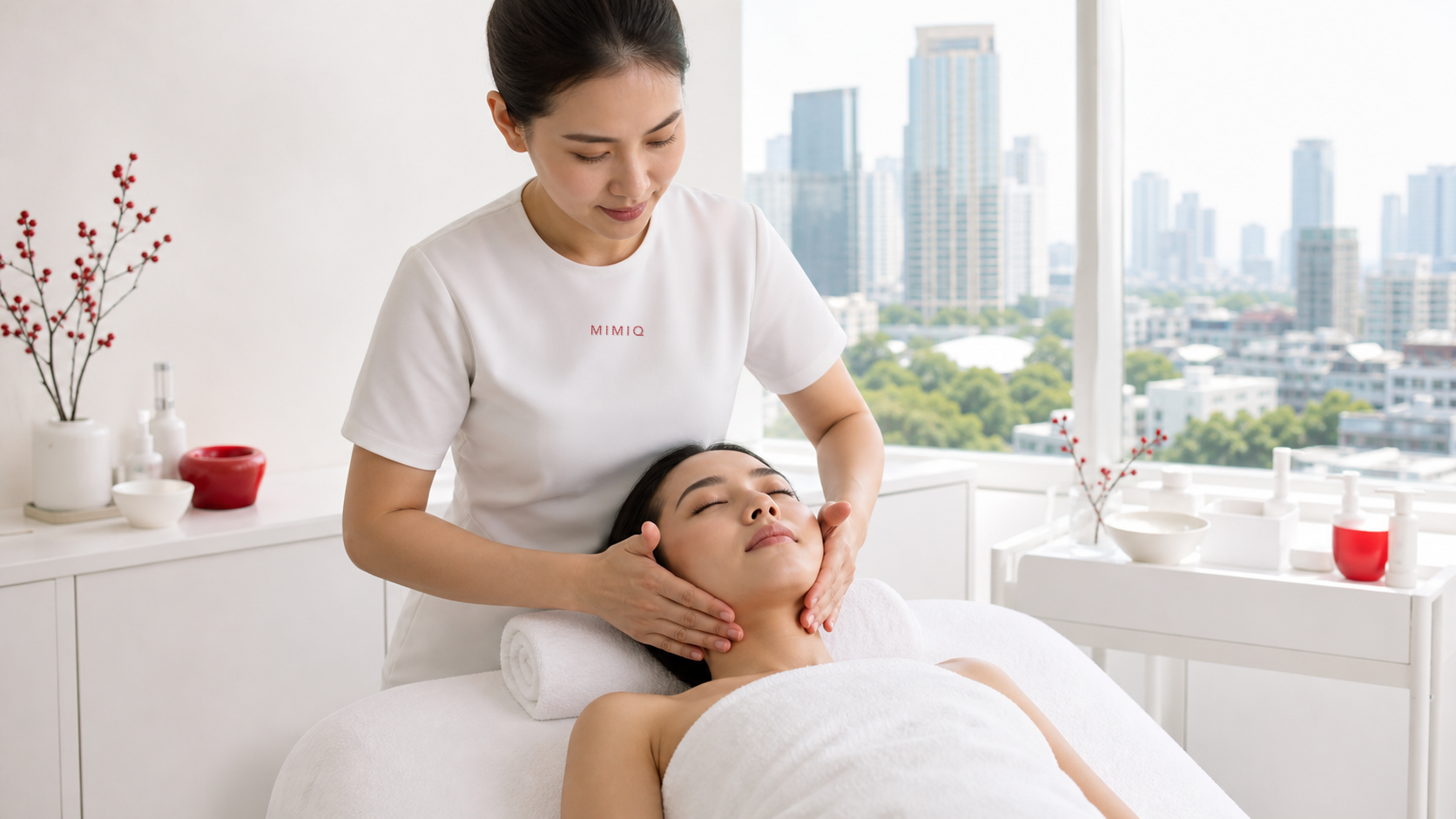 Woman resting during a structured weekend face recovery treatment at MIMIQ Facial Bar in Bangkok