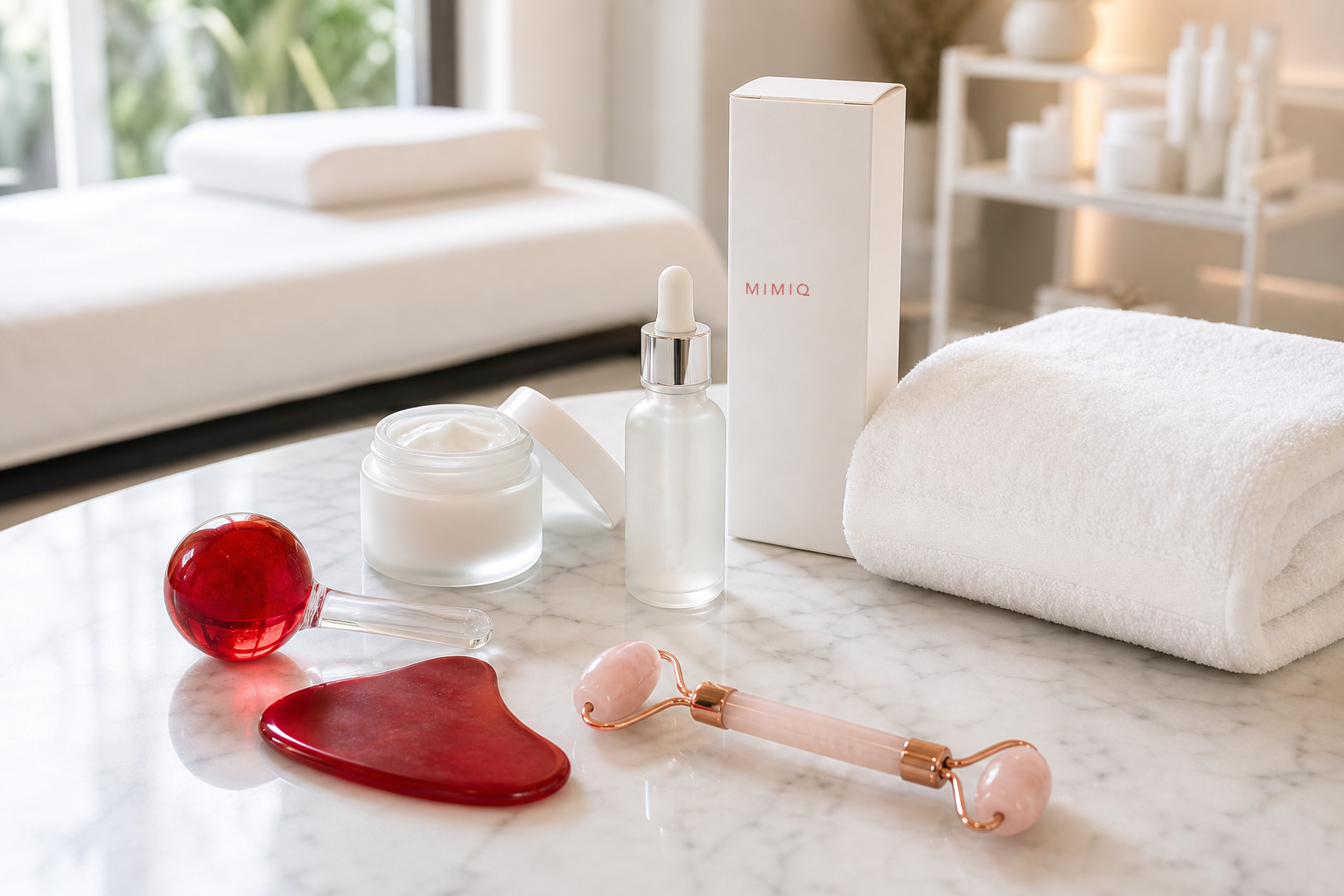 Clean facial tools, towels and skincare prepared for a measured weekend recovery session at MIMIQ