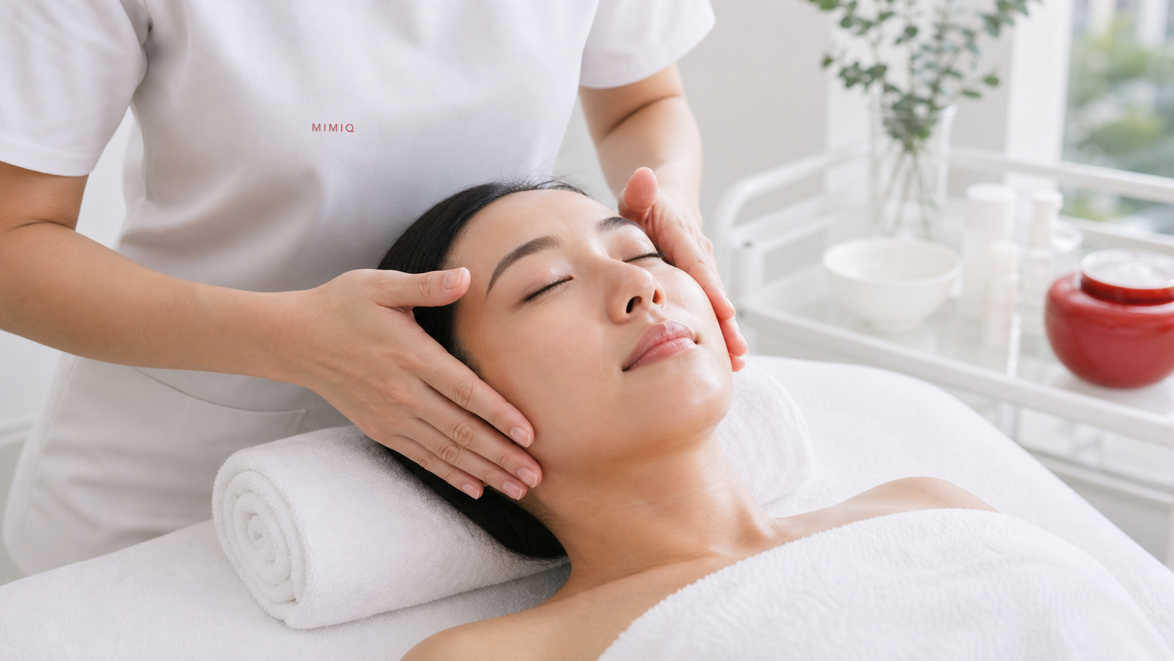MIMIQ therapist assessing facial comfort before a weekend recovery treatment in Bangkok