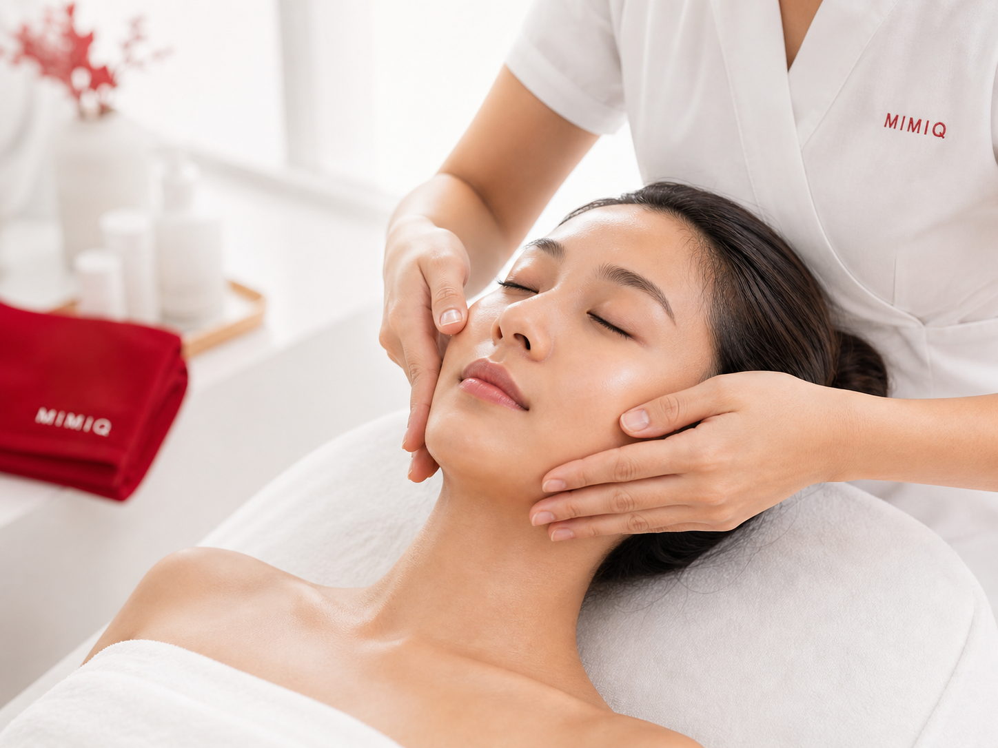 MIMIQ Bangkok face workout treatment banner with therapist sculpting the cheeks and jawline