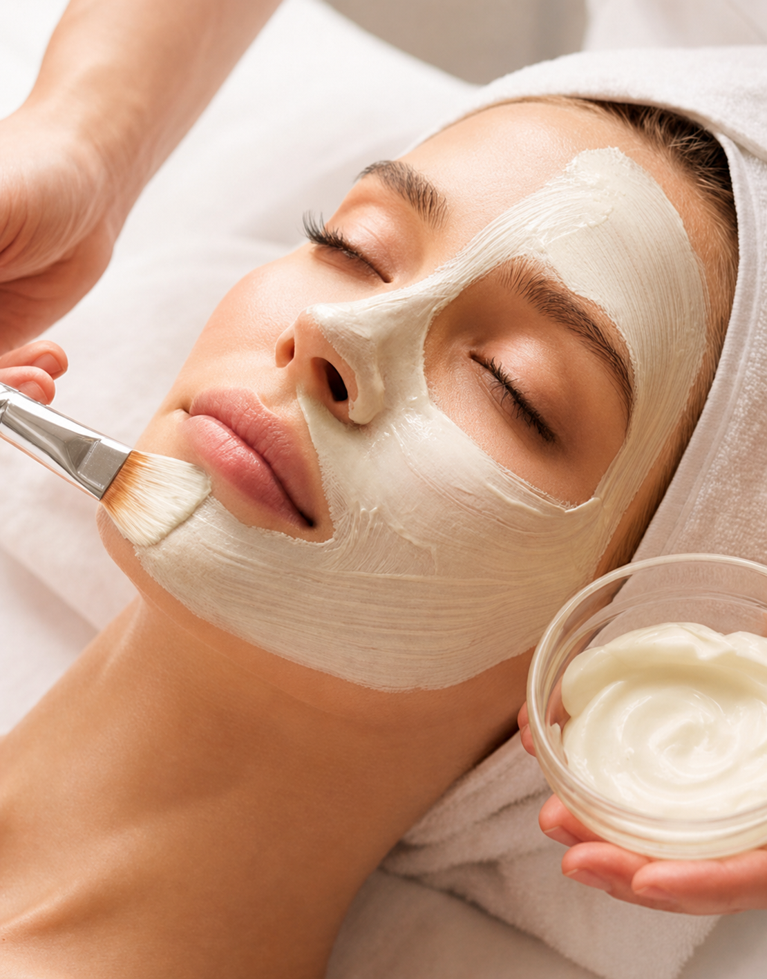 Calming glow facial mask step during a MIMIQ event preparation treatment