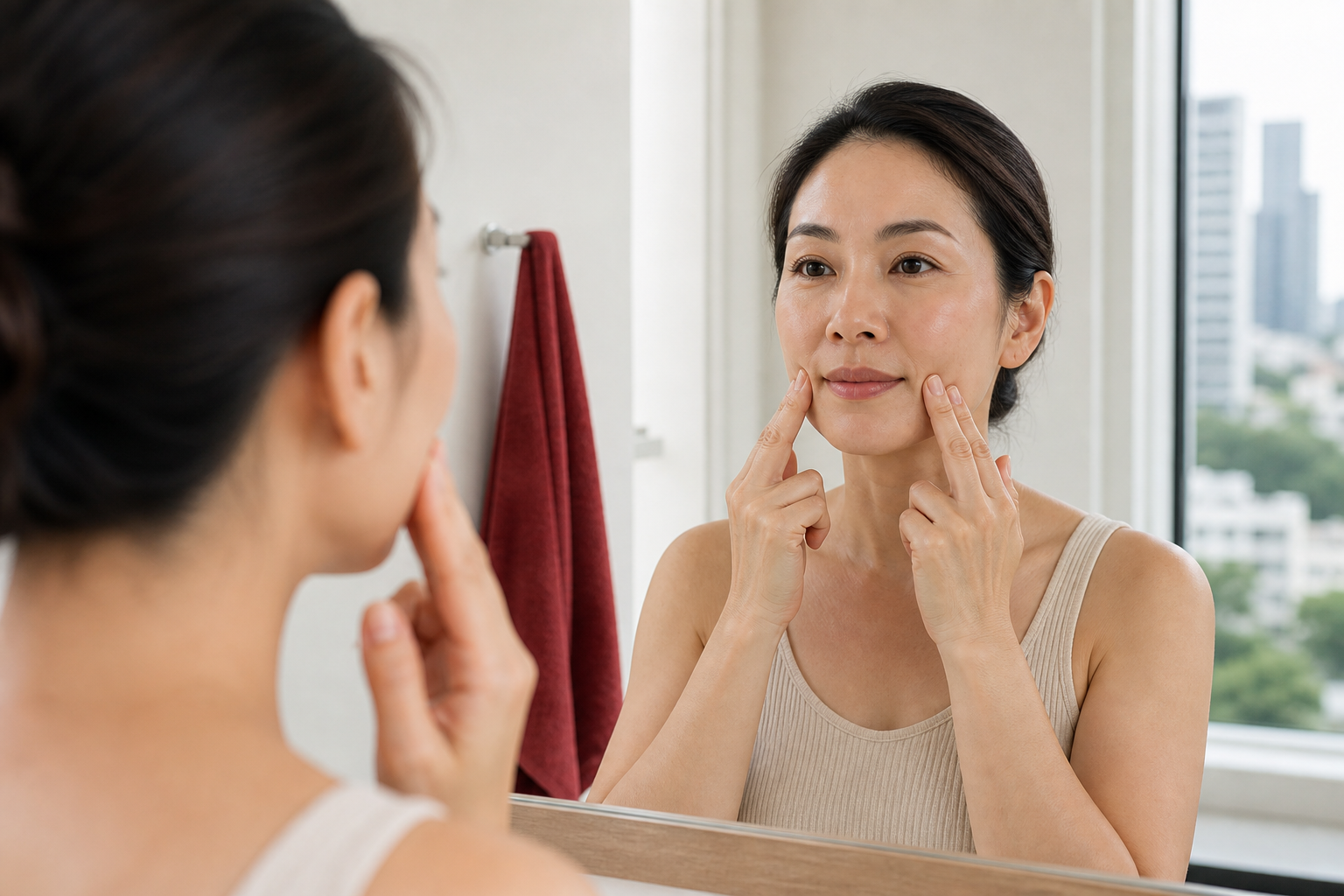 Woman practising a small controlled facial exercise in a mirror at home in Bangkok