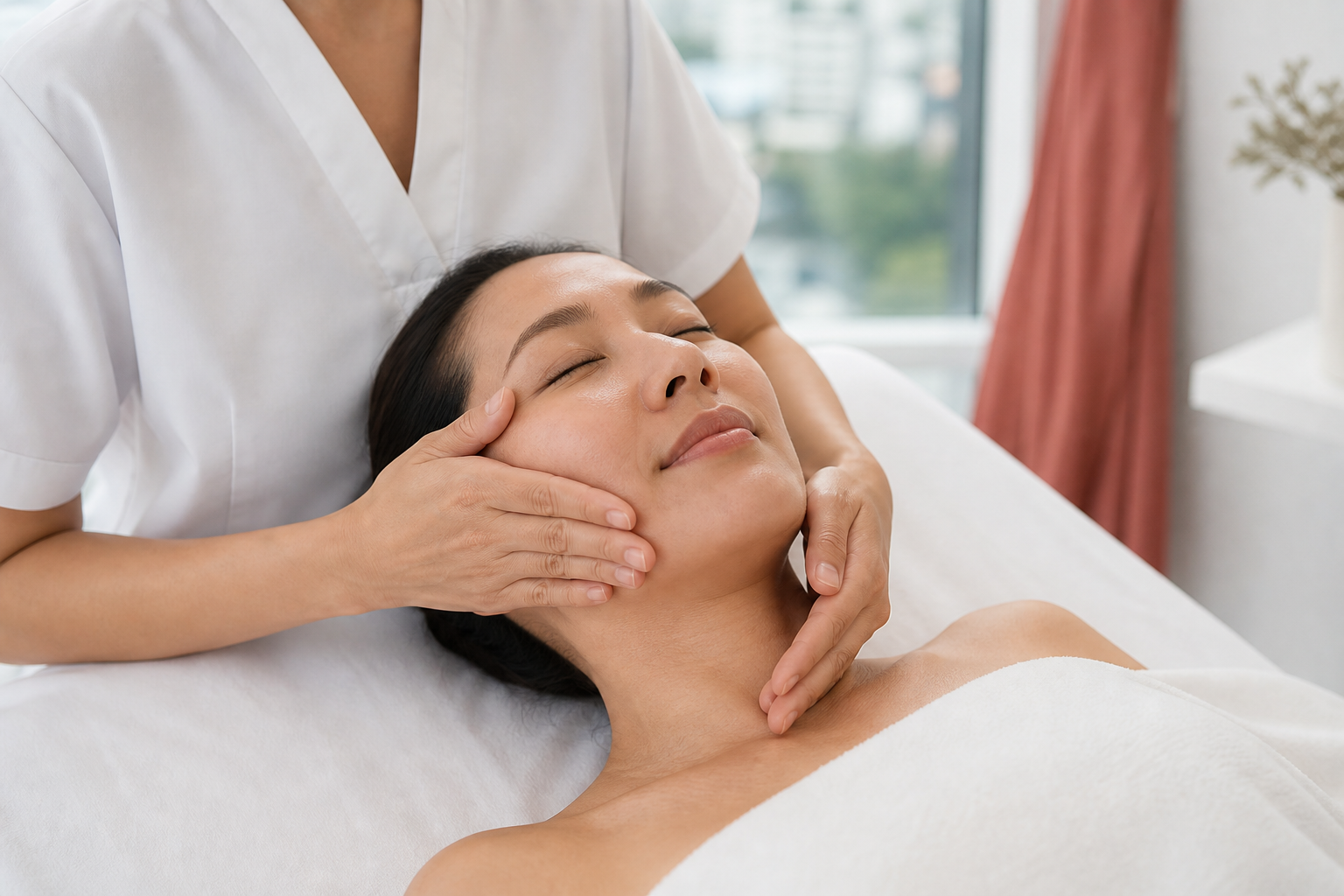 MIMIQ therapist supporting a client’s cheek and jaw during a professional face workout