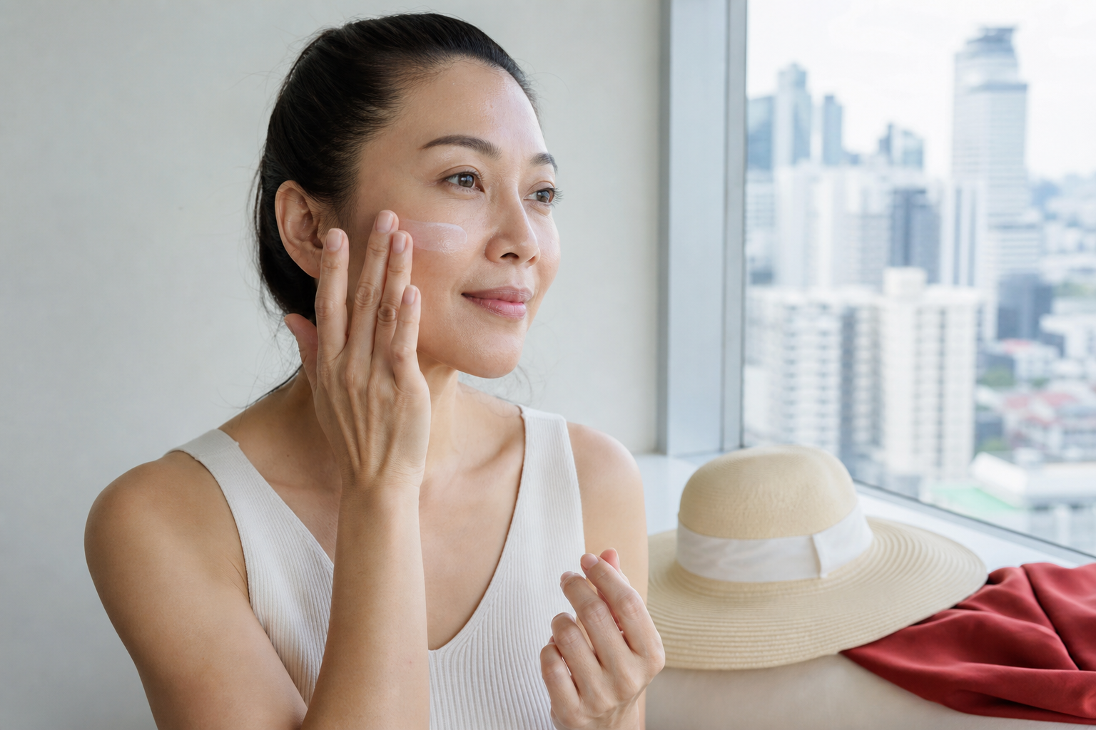 Woman applying facial sunscreen beside a bright Bangkok window with a sun hat nearby