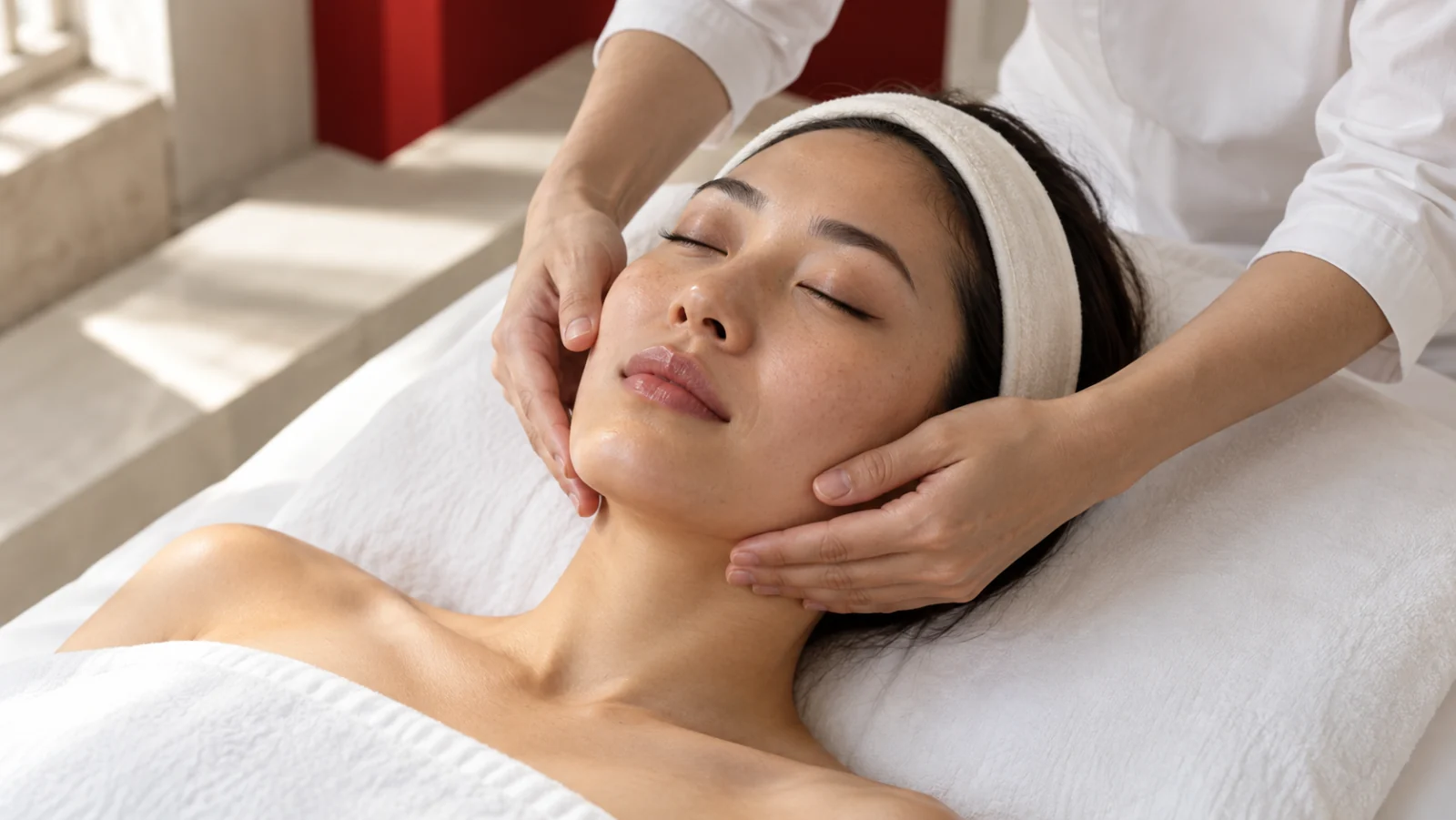 A woman rests with her eyes closed as a therapist gently massages her cheeks and jawline in a light-filled facial-workout setting.