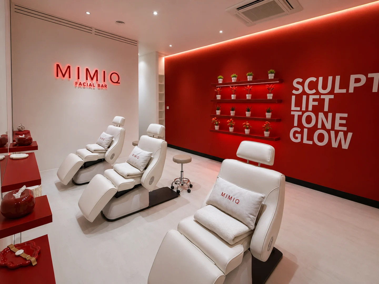 Three white facial treatment chairs in the MIMIQ studio, with its red wall and illuminated sign