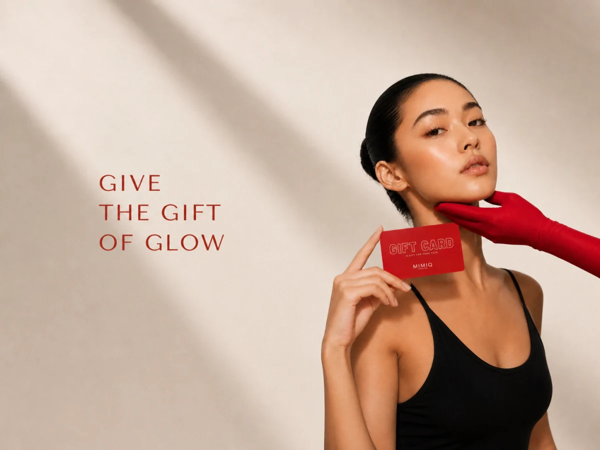 MIMIQ gift-of-glow campaign with a red facial gift card and the signature red glove