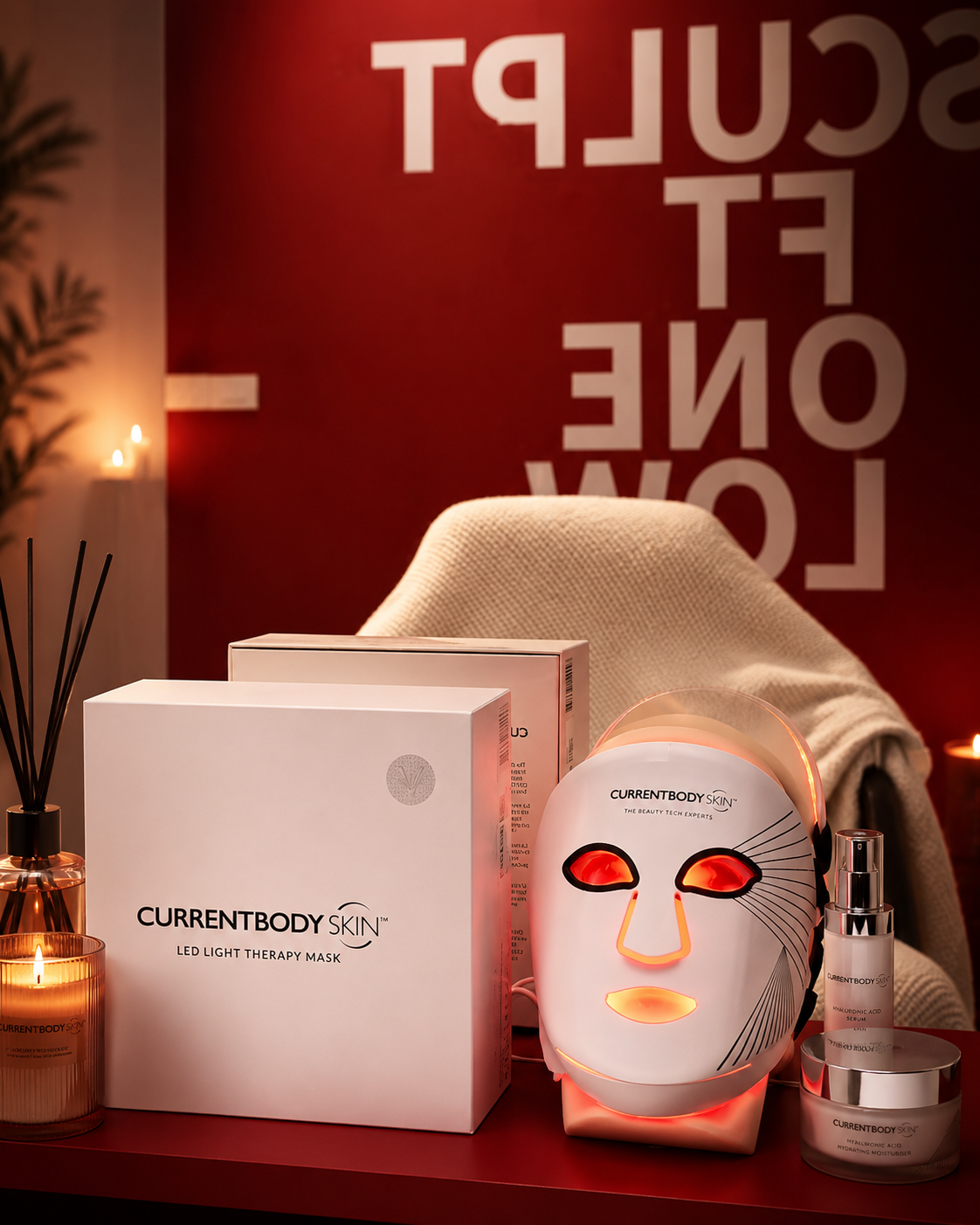 Editorial product visualization of a CURRENTBODY red LED light therapy mask
