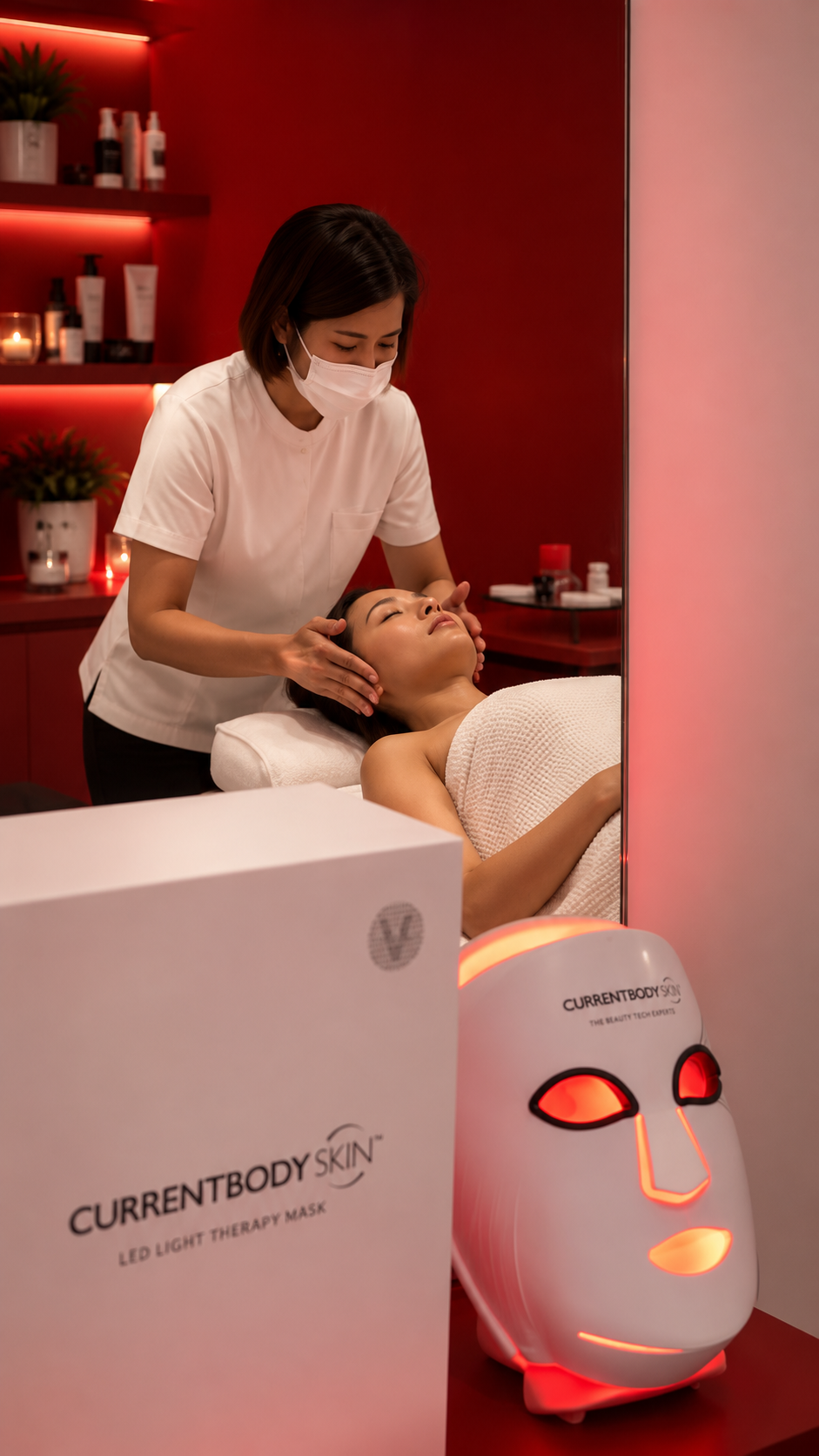 Editorial illustration of a MIMIQ facial room with a CURRENTBODY LED mask
